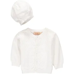 8355-Carriage Boutique White Baby Boy Cable Sweater with Bonnet