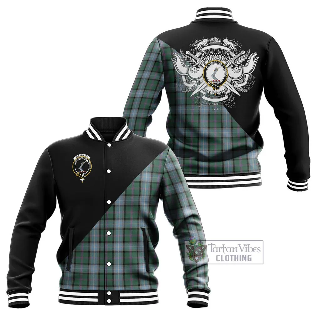 Alexander of Menstry Hunting Tartan Baseball Jacket with Family Crest and Military Logo Style