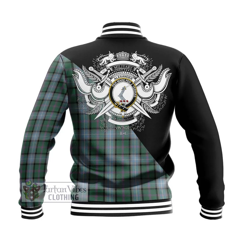 Alexander of Menstry Hunting Tartan Baseball Jacket with Family Crest and Military Logo Style