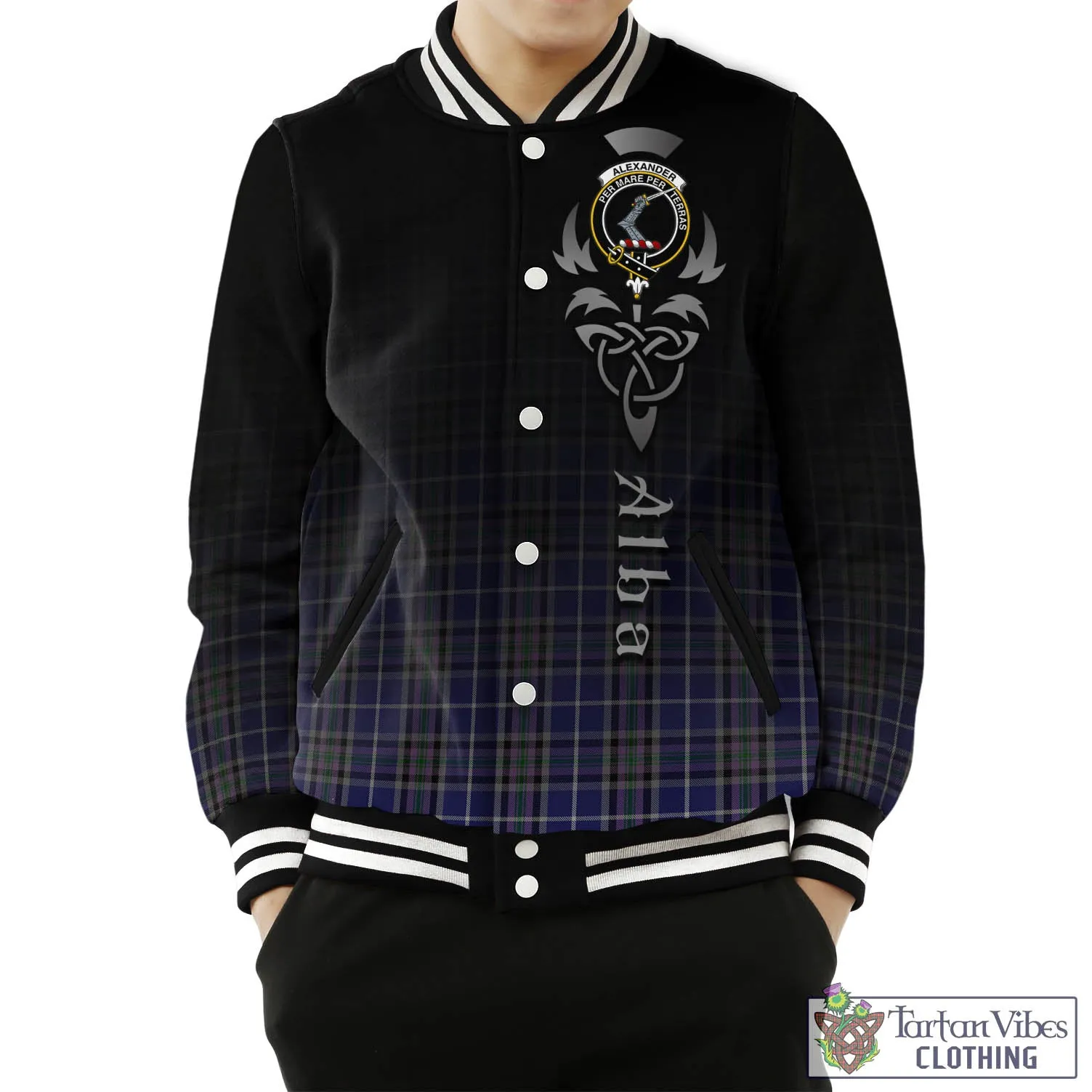 Alexander of Menstry Tartan Baseball Jacket Featuring Alba Gu Brath Family Crest Celtic Inspired