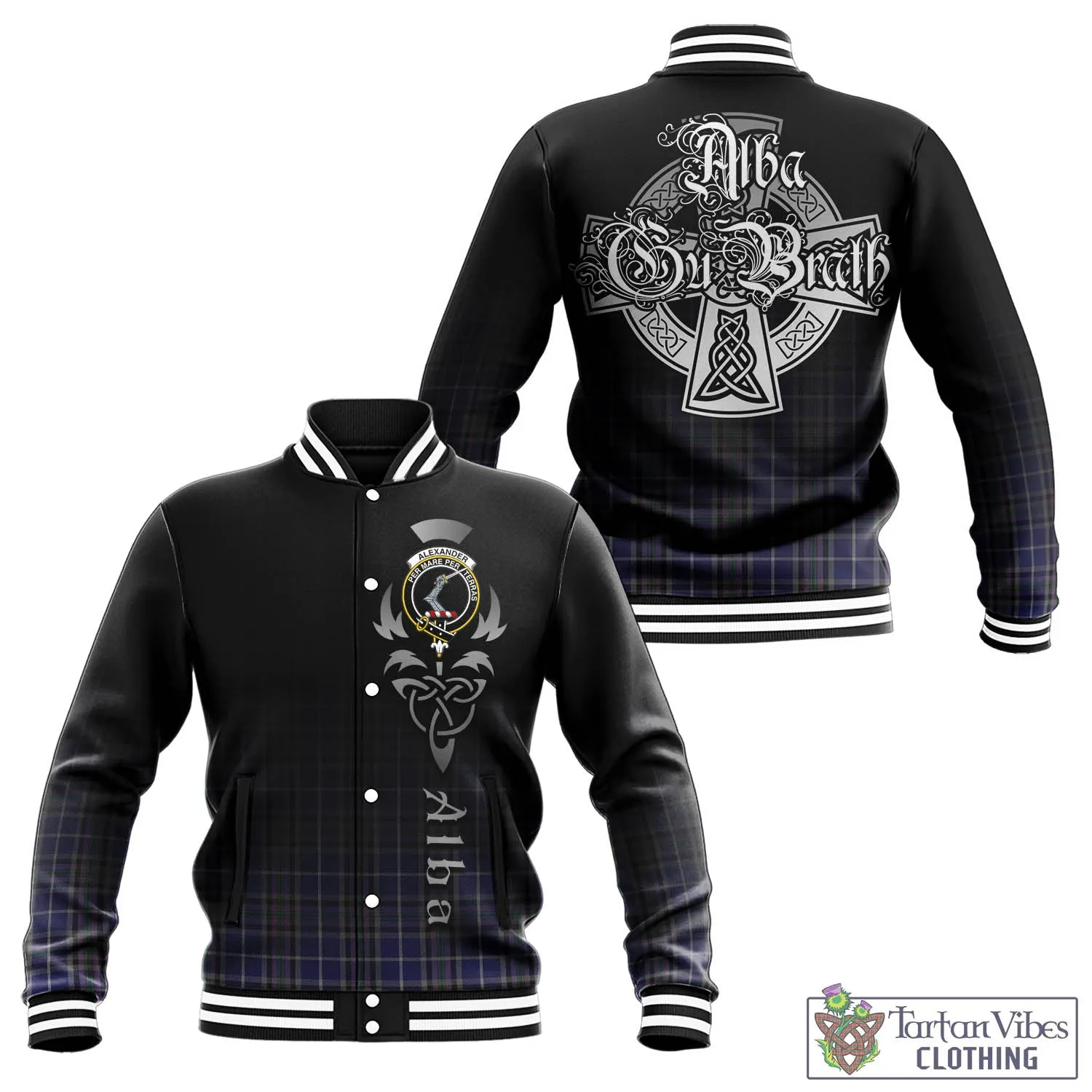 Alexander of Menstry Tartan Baseball Jacket Featuring Alba Gu Brath Family Crest Celtic Inspired