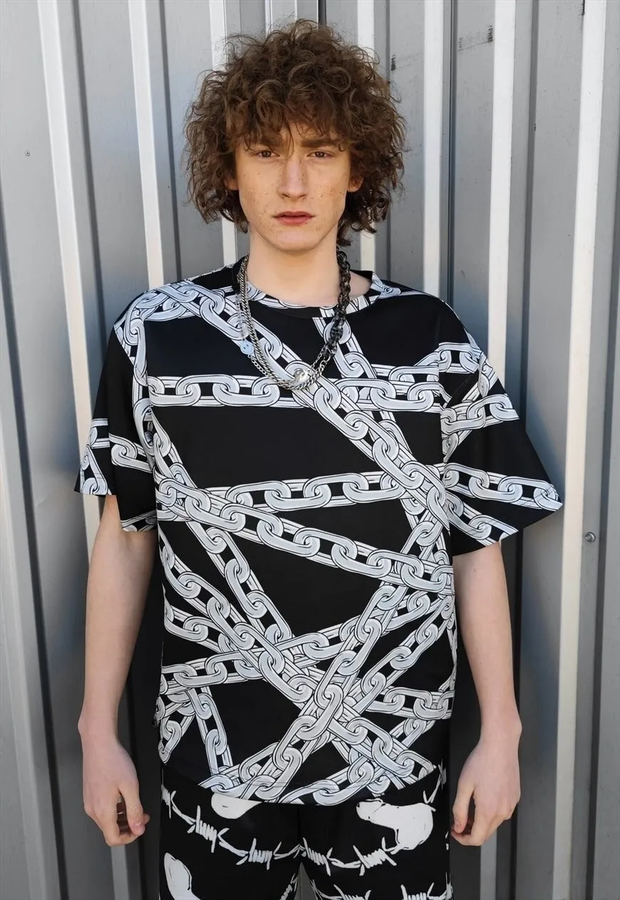 Chain print t-shirt handmade top barbered wire tee in black