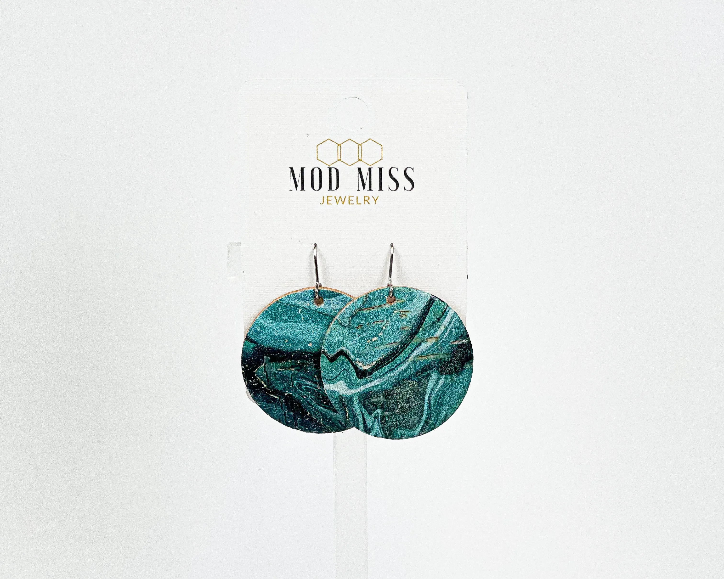 Cork Leather Round Earring Emerald Aqua