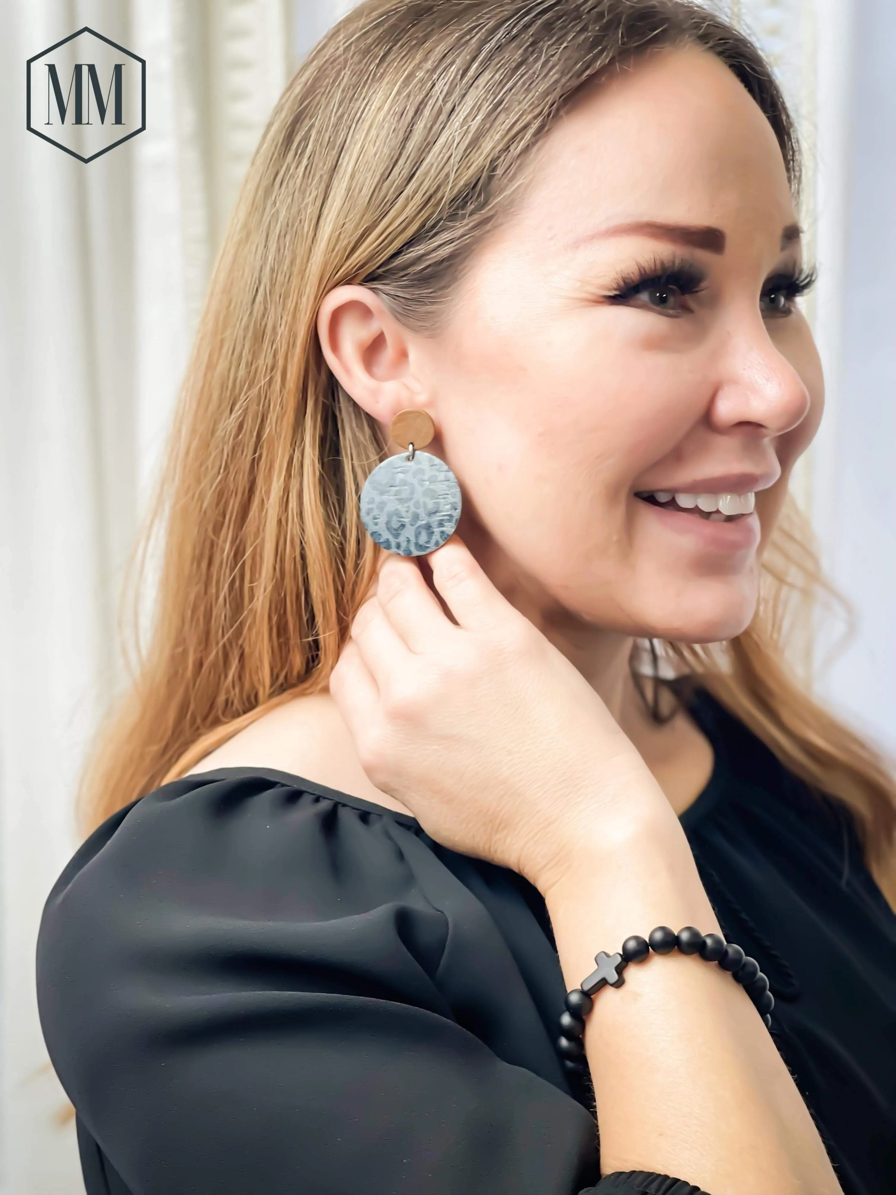 Cork Leather Round Earring Emerald Aqua
