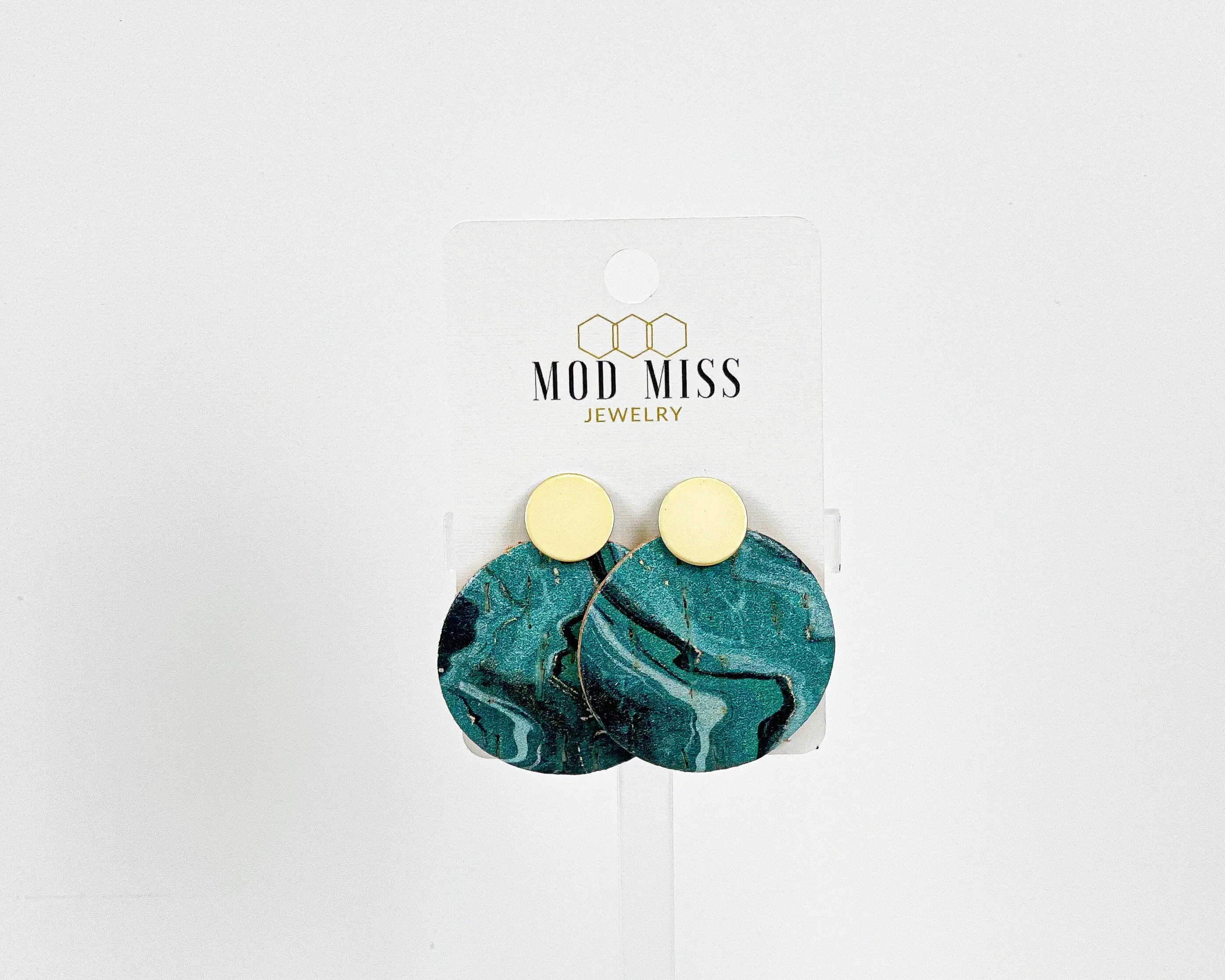 Cork Leather Round Earring Emerald Aqua
