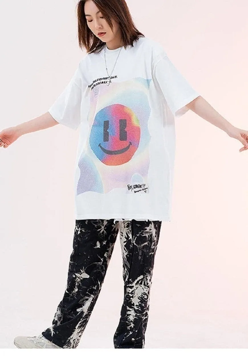 Emoji print t-shirt retro smile tee grunge skater top black