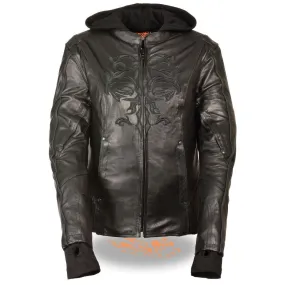 Milwaukee Leather ML2066 Women's 3/4 Black Leather Hoodie Jacket with Reflective Tribal Design